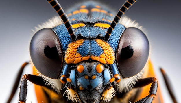 Un gros plan du visage d'une guêpe bleue et orange