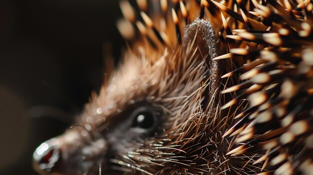 Un gros plan du visage d'un hérisson Le hérisson regarde la caméra avec ses yeux sombres Sa fourrure est brune et épicée