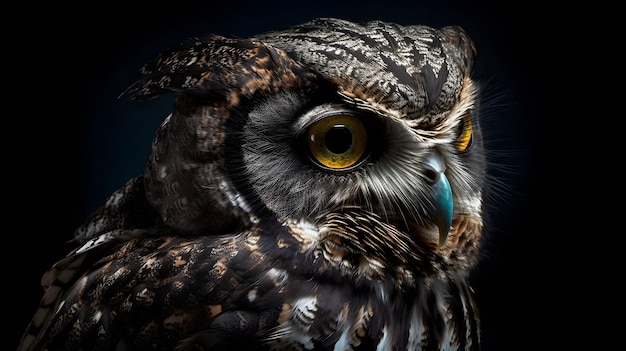 Un gros plan du visage d'un hibou aux yeux jaunes