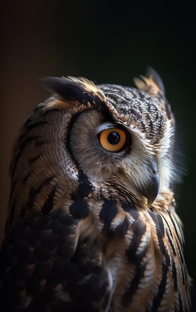 Un gros plan du visage d'un hibou avec l'œil visible.