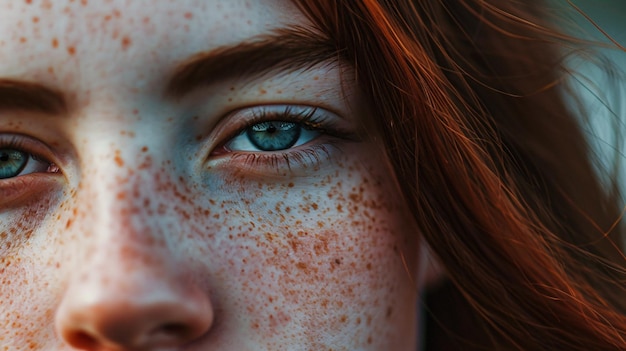 Gros plan du visage d'une jeune femme avec des taches de rousseur