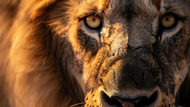 Un gros plan du visage d'un lion Le lion regarde la caméra avec la bouche légèrement ouverte