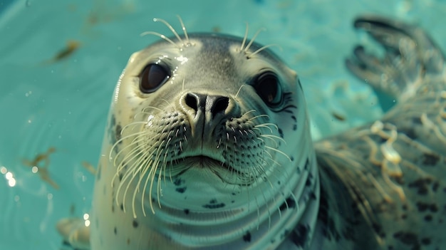 Un gros plan du visage d'un phoque en détresse capturé dans un petit réservoir et constamment soumis à une musique forte