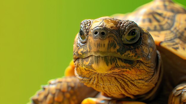 Un gros plan du visage d'une tortue La tortue a un visage jaune ridé avec un petit nez noir Ses yeux sont sombres et brillants