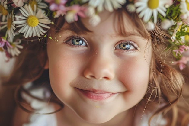 Un gros plan du visage d'un tout-petit avec un joli sourire et une couronne de fleurs