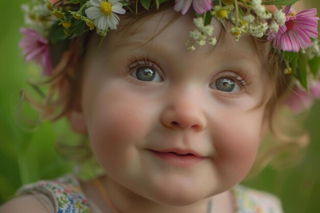 Un gros plan du visage d'un tout-petit avec un joli sourire et une couronne de fleurs