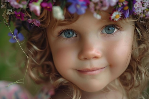 Un gros plan du visage d'un tout-petit avec un joli sourire et une couronne de fleurs