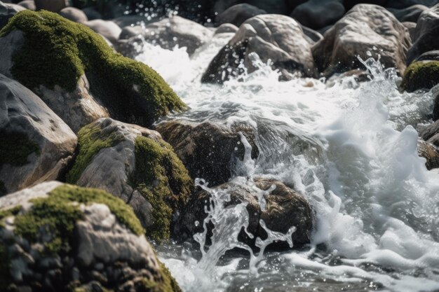 Gros plan de l'eau se précipitant sur les rochers et dans la piscine créée avec une IA générative