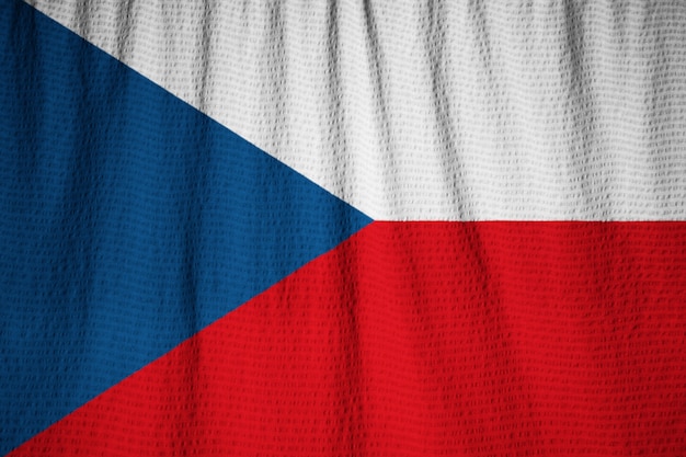 Photo gros plan, de, ébouriffé, république tchèque, drapeau, république tchèque, drapeau, souffler, dans, vent