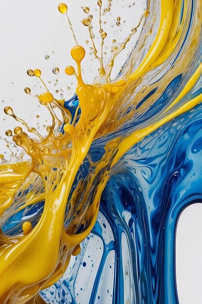 Un gros plan d'une éclaboussure de liquide bleu et jaune sur un fond blanc