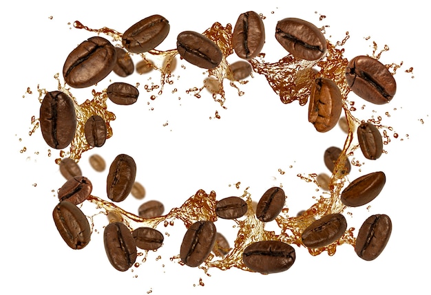 Gros plan sur les éclaboussures de grains de café