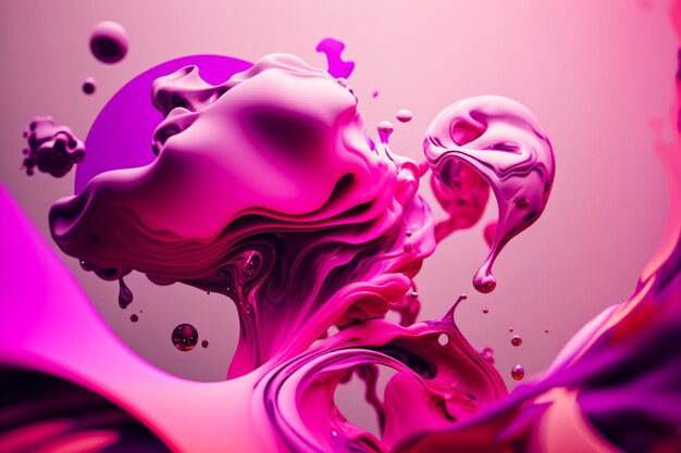 Gros plan d'éclaboussures de liquide rose et violet sur une surface blanche avec un fond rose AI générative