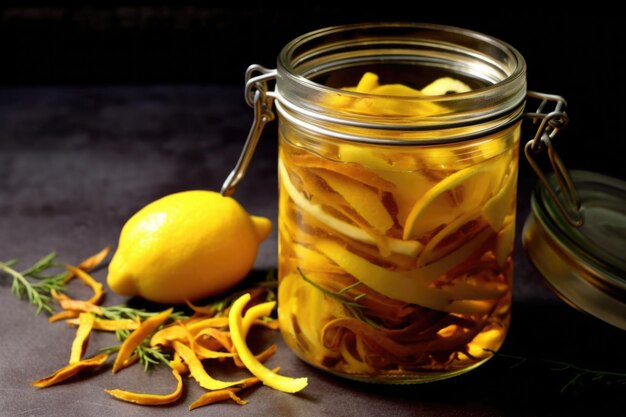 Gros plan d'écorces de citron infusées dans un bocal en verre créé avec une IA générative