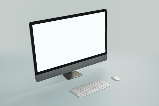 Gros plan d'un écran d'ordinateur blanc vide sur fond gris Concept de communication et de programmation technologique Maquette de rendu 3D
