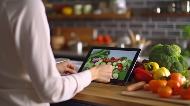 Gros plan d'un écran de tablette utilisé par une femme faisant des courses en ligne dans la cuisine AI générative