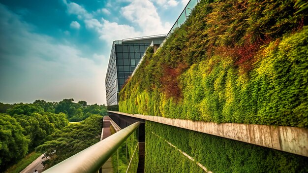 Un gros plan d'un élément vert unique dans le parc mettant en valeur les textures et les couleurs sur le fond de l'immeuble de bureaux