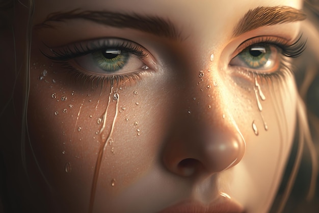 Gros plan émotionnel d'un beau visage d'une jeune femme avec des larmes dans les yeux
