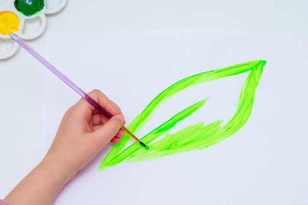 Gros plan d'un enfant dessine une feuille verte à l'aquarelle sur papier blanc. Concept de jour de la terre. Vue de dessus.