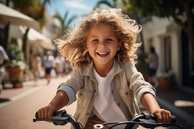 En gros plan, un enfant fait du vélo dans les rues avec l'arrière-plan de la maison