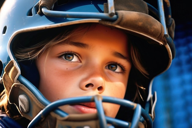 Un gros plan d'un enfant portant un casque de baseball Garçon dans un casque Équipement de protection sportive Sports pour enfants