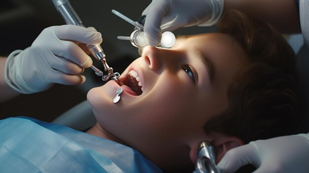 Gros plan sur un enfant qui fait installer son appareil dentaire sur ses dents par un dentiste professionnel