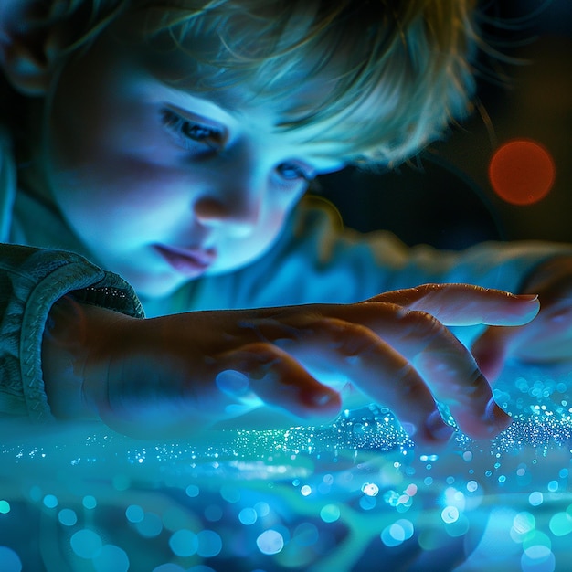 Photo un gros plan d'un enfant utilisant un concept de technologie d'interface d'écran tactile futuriste