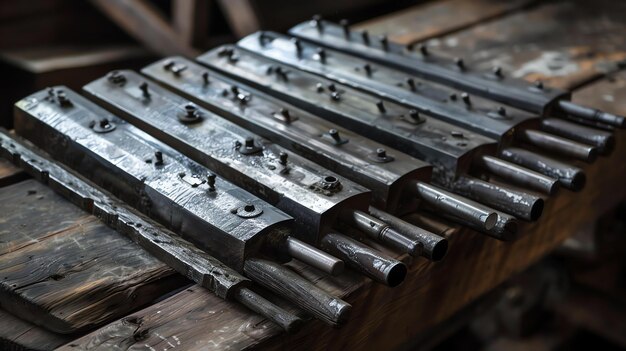 Photo un gros plan d'un ensemble de blocs d'impression en métal vintage avec des dessins complexes disposés en rangée sur une table en bois