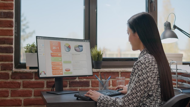 Gros plan d'un entrepreneur travaillant sur un projet d'entreprise. Femme utilisant un ordinateur pour concevoir des graphiques financiers dans un bureau de démarrage. Stratégie de marketing et présentation de la planification des employés de l'entreprise.