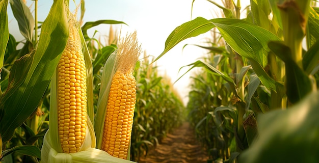Gros plan des épis de maïs dans le champ de plantation de maïs Generative AI