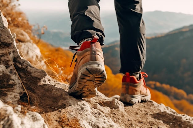 Gros plan d'escalade Sneaker sur Beautiful Mountain Trail Generative AI
