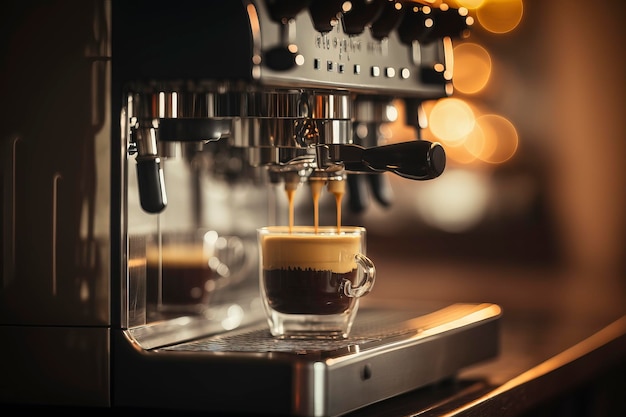 Gros plan d'espresso versé à partir d'une machine à café Image générée par la technologie AI