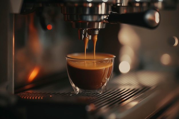 Photo gros plan d'espresso versé à partir d'une machine à café image générée par la technologie ai