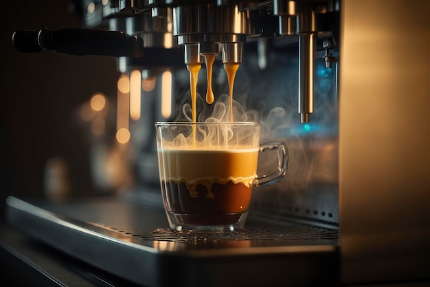 Gros plan d'espresso versé à partir d'une machine à café Image générée par la technologie AI