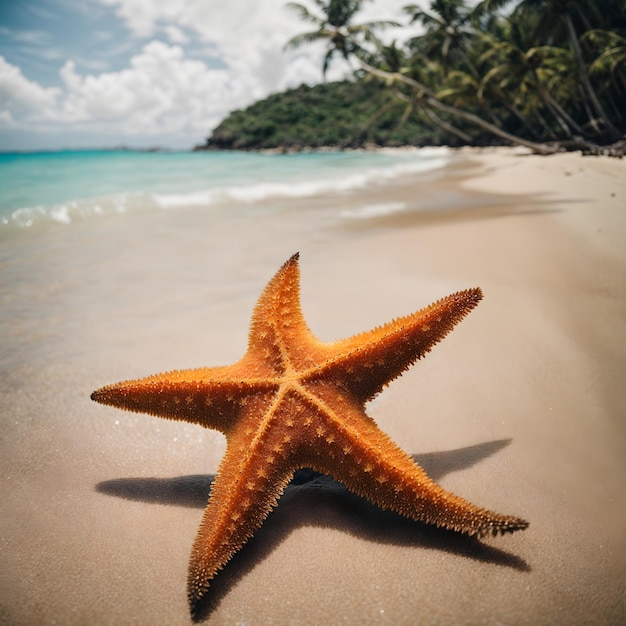 Gros plan d'étoile de mer avec fond de plage tropicale