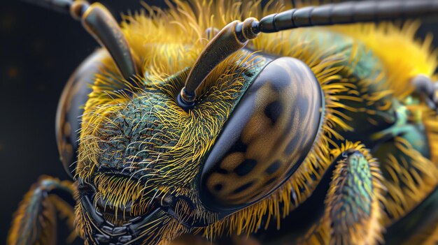 Un gros plan étonnant de la tête d'une abeille Les détails complexes des yeux, des antennes et de la fourrure des abeilles sont clairement visibles