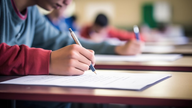 Photo un gros plan d'un étudiant écrivant dans un cahier pendant un examen créé avec la technologie d'ia générative