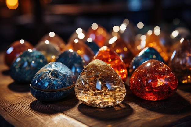 Photo un gros plan d'une exposition contemplative de roches et de diamants. des cristaux utilisés dans la guérison des chakras, la sorcellerie et la magie. l'observance religieuse une méthode ésotérique pour établir l'harmonie dans la vie.