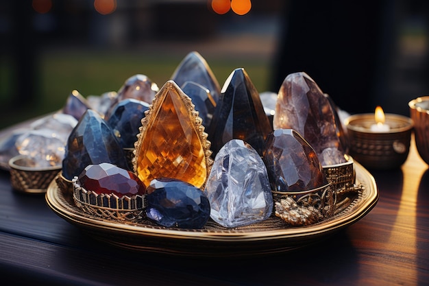 Un gros plan d'une exposition contemplative de roches et de diamants. Des cristaux utilisés dans la guérison des chakras, la sorcellerie et la magie. L'observance religieuse Une méthode ésotérique pour établir l'harmonie dans la vie.