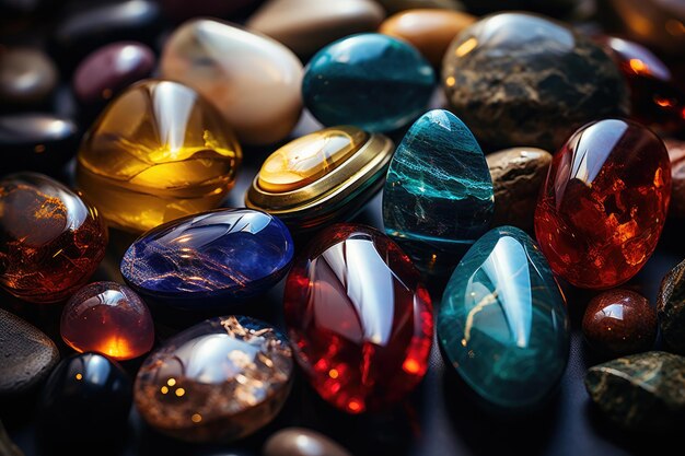 Photo un gros plan d'une exposition contemplative de roches et de diamants. des cristaux utilisés dans la guérison des chakras, la sorcellerie et la magie. l'observance religieuse une méthode ésotérique pour établir l'harmonie dans la vie.