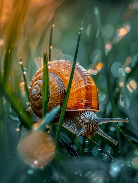 Un gros plan exquis montrant les détails intricats des gouttelettes d'eau accrochées aux feuilles d'herbe verdoyantes créant un spectacle hypnotisant presque surnaturel de lumière et de texture