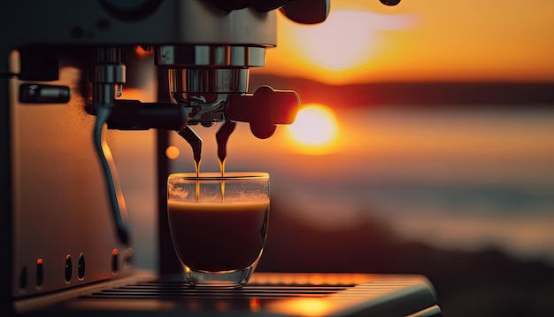 Gros plan sur l'extraction du café ou le versement d'espresso tiré de la machine à café avec le coucher du soleil Generative Ai