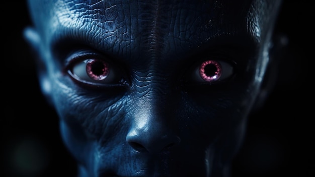 Un gros plan d'un extraterrestre bleu avec des yeux rouges et un œil brillant