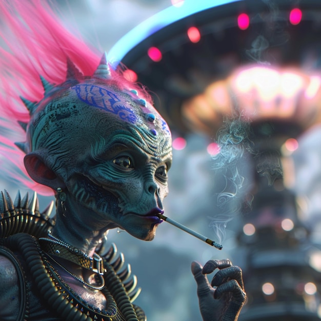 Un gros plan d'un extraterrestre gris avec un mohawk punk rose Ai a généré de l'art