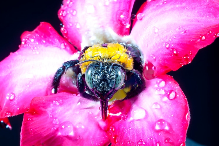 Photo un gros plan extrême de l'abeille sur une fleur rose humide