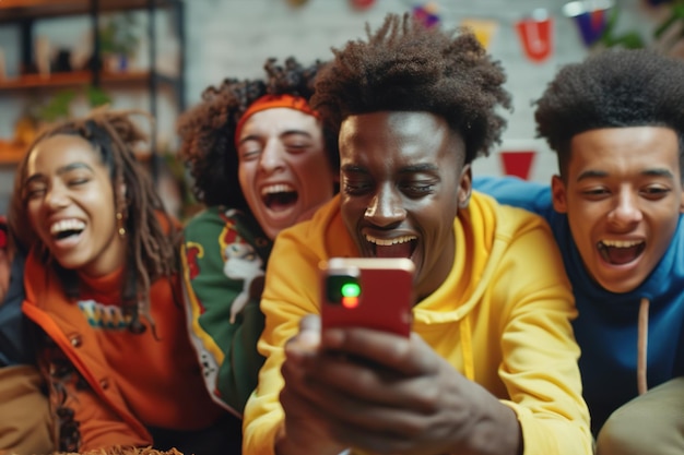 Un gros plan de fans de football enthousiastes rassemblés autour d'un écran de téléphone qui applaudissent en regardant un match