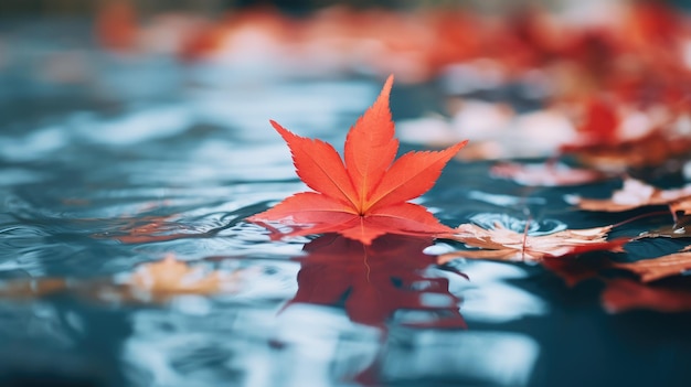 Un gros plan fascinant d'une feuille d'érable rouge flottant à la surface d'un étang calme