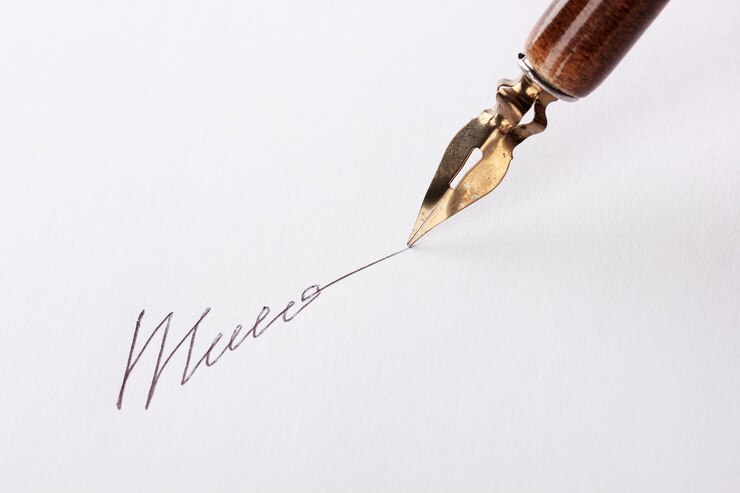 Photo gros plan de faux pas de signature réel et stylo à encre isolé sur blanc