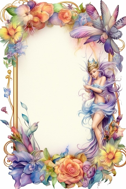 Un gros plan d'une fée avec un papillon et des fleurs générative ai