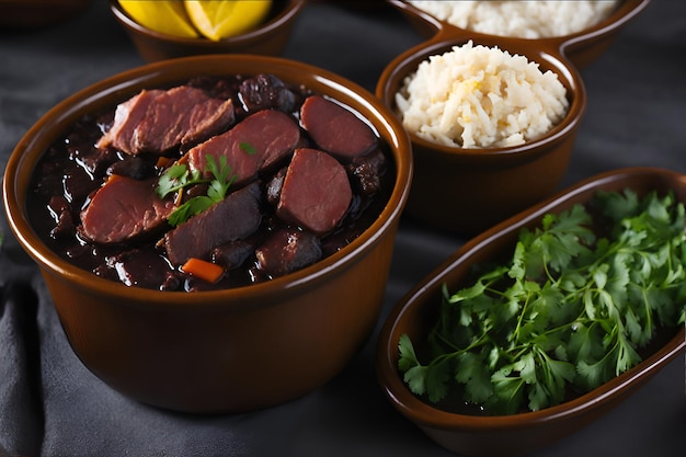 Gros plan d'une Feijoada appétissante du Brésil traditionnelle et pleine de saveur avec sa viande juteuse et ses haricots noirs crémeux Généré par AI