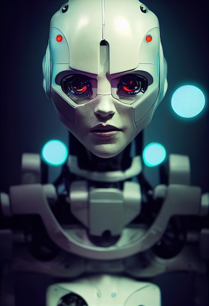 Gros plan féminin cyborg robot illuminé par la lumière Illustration 3D de fond d'intelligence artificielle Scifi